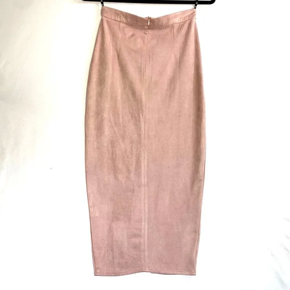 Missguided Skirt Womens 2 Pink Midi Suede‎ Like Bodycon Zipper Front Slit